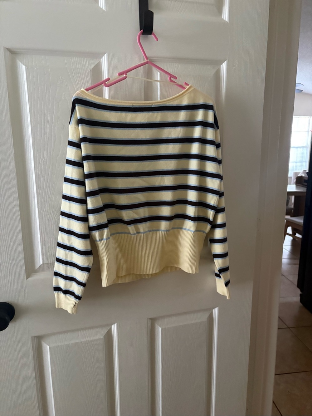Striped Yellow and Navy Women’s Boatneck Sweater Off Shoulder 90s Vintage Y2K